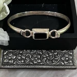 Vintage Mexican 925 Sterling Silver Onyx Inlay Square Thin Clasp Bangle Bracelet